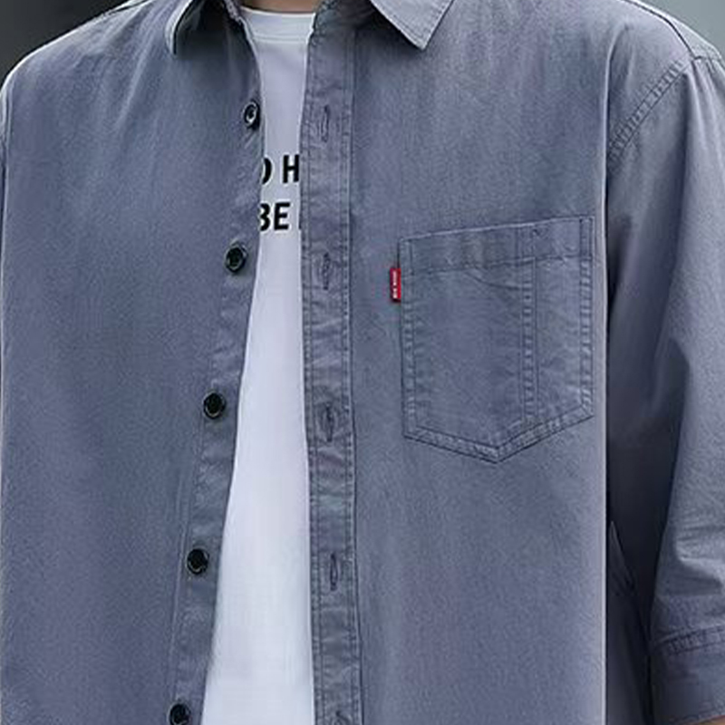 Pure cotton shirt, men's three-quarter sleeve short-sleeved pure cotton workwear, solid color loose mid-sleeved shirt