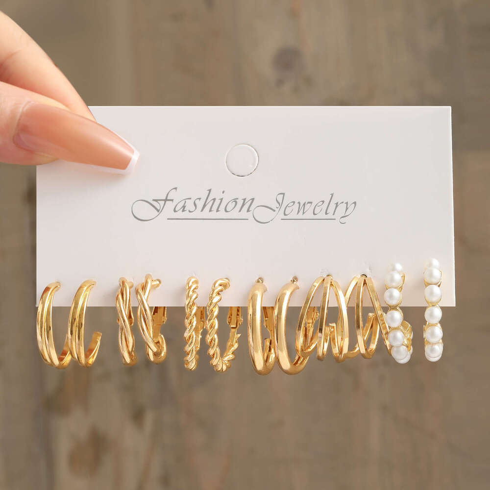 wind metal square geometric imitation pearl earrings hepburn style earrings set 6piece set