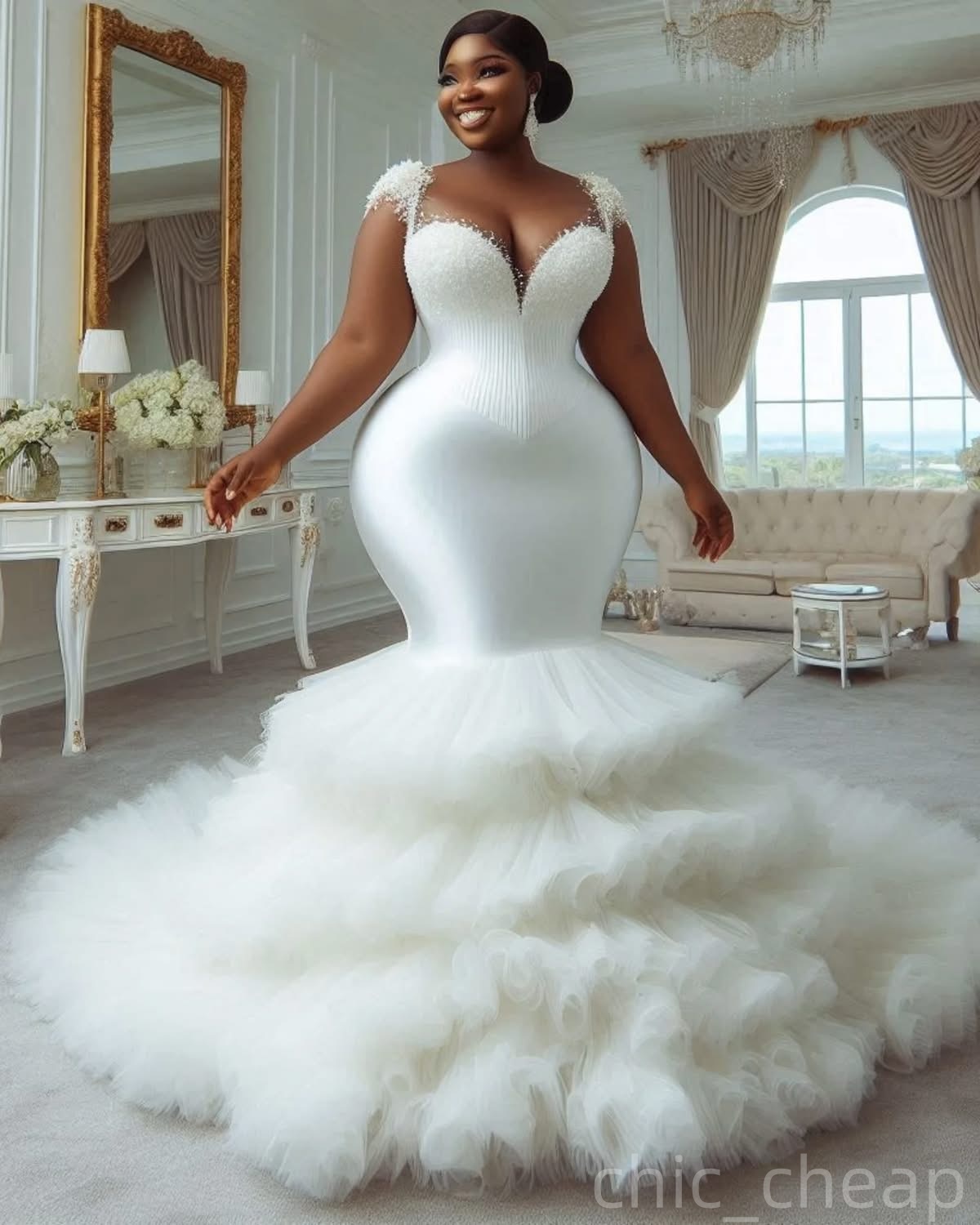 2025 Oversize Aso Ebi Plus Size Ivory Wedding Dress Spaghetti Beaded Tiers Tulle Elegant Bridal Gowns Dresses ZJ064