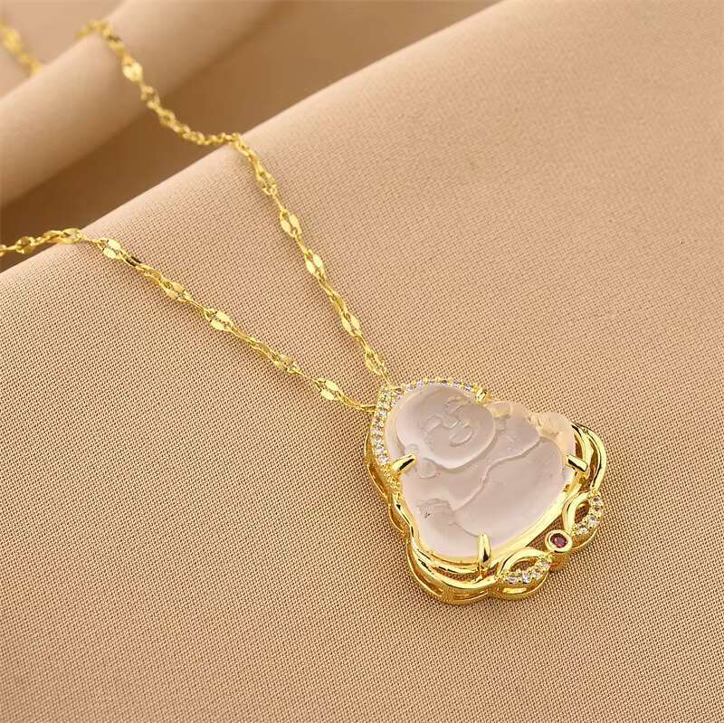 High Quality Fashion Jewelry with Stainless Steel Chain Maitreya Buddha Jade Healing Pendant Necklace for Women