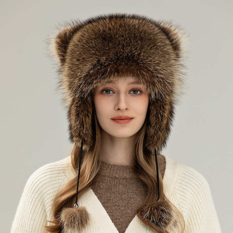 Trendy Womens Winter Hats Fluffy Stylish Warm Genuine Fashion Fur Hat Russian Raccoon Tail Hat 240910