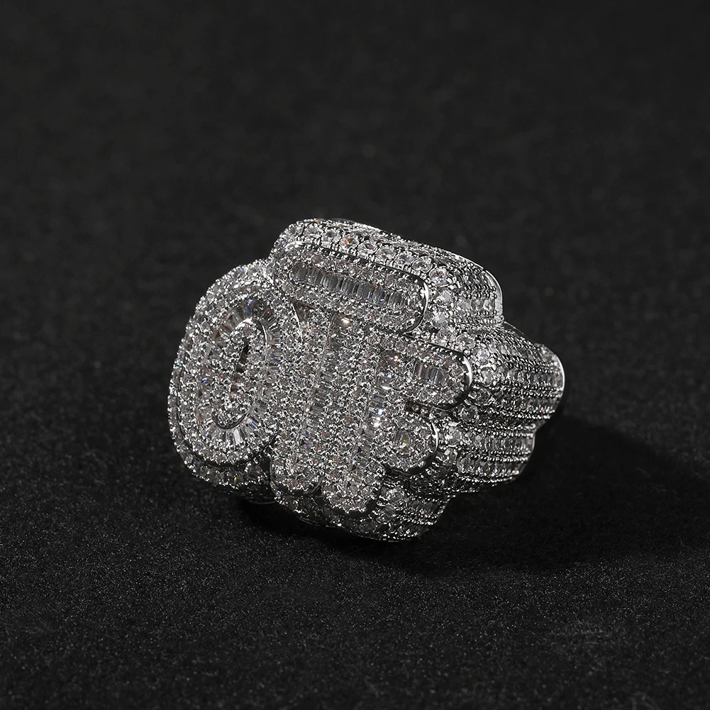 THE BLING KING Baguettecz Letters OTF Ring Iced out Two Tone Finger Ring Cubic Zircon HipHop Ring Delicate Punk Jewelry 251128