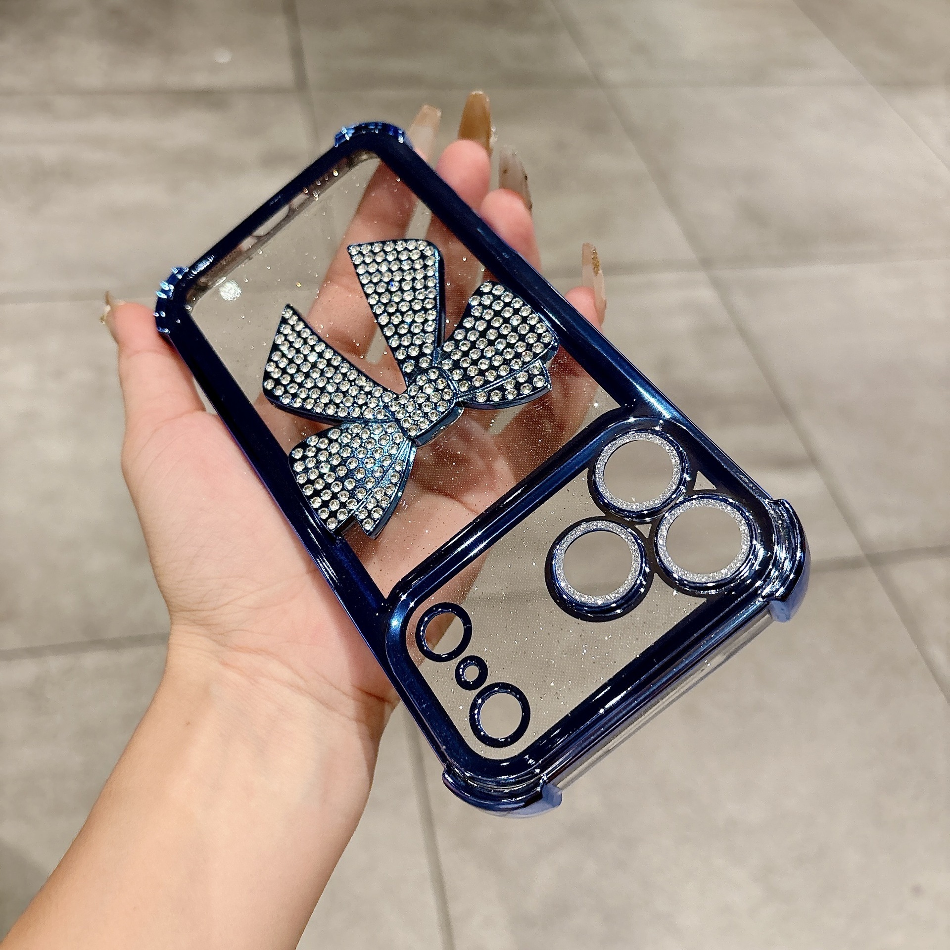 Rhinestone Bowknot Phone Case Compatible iPhone 17 Pro Max Electroplated Glitter Four-Corner Apple 16/15