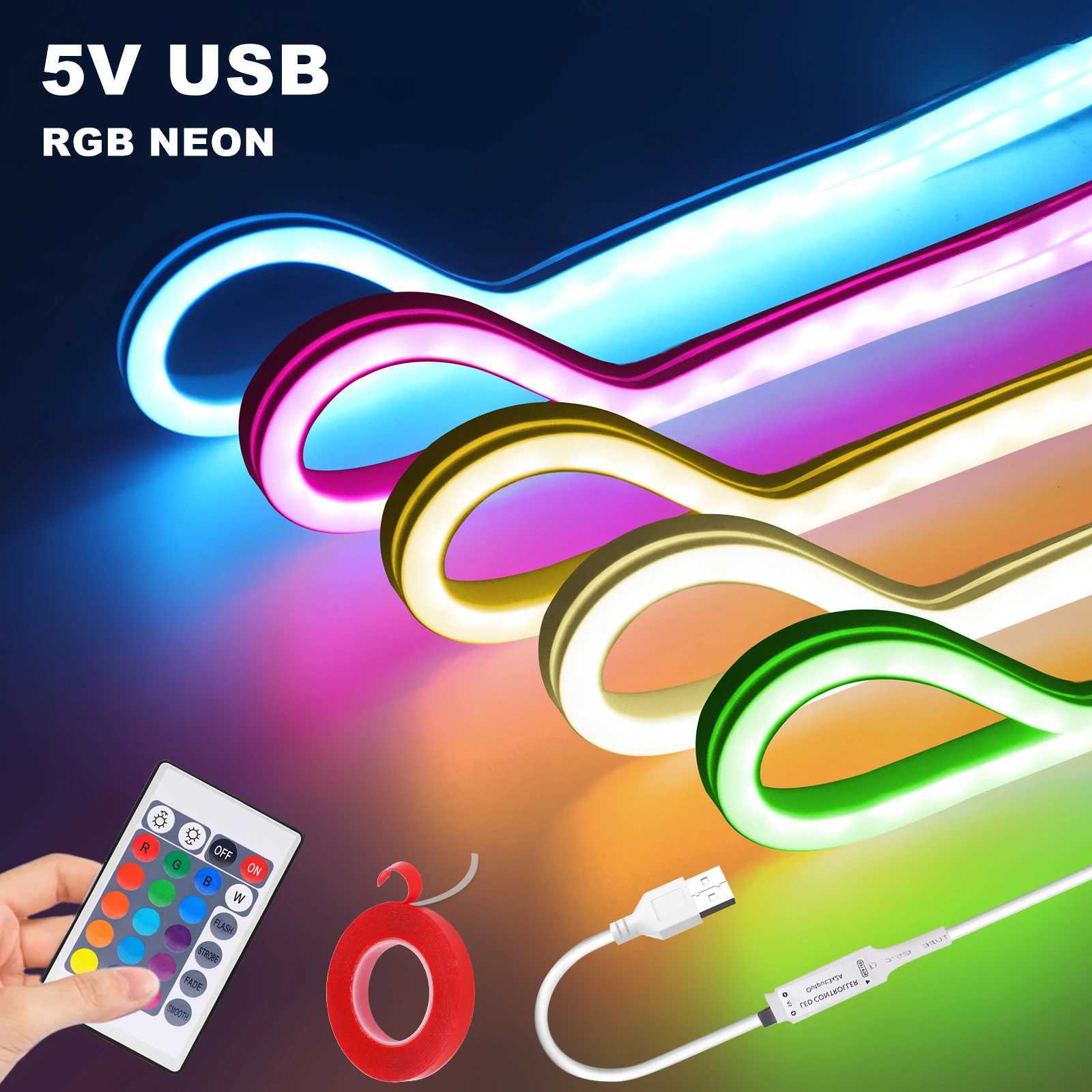 5V RGB Neon Strip Light 1M 2M 3M 5M USB Waterproof Flexible Ribbon Adhesive Tape Neon Lights With Remote Control For Home Decor M251129