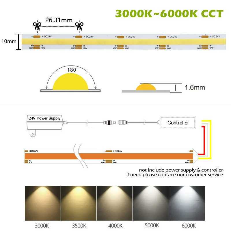 COB CCT LED Light Strip 608LEDs Flexible FOB 10mm Tape Lights RA90 Warm White Linear Dimmable 24V Color Temperature Adjustable M251129