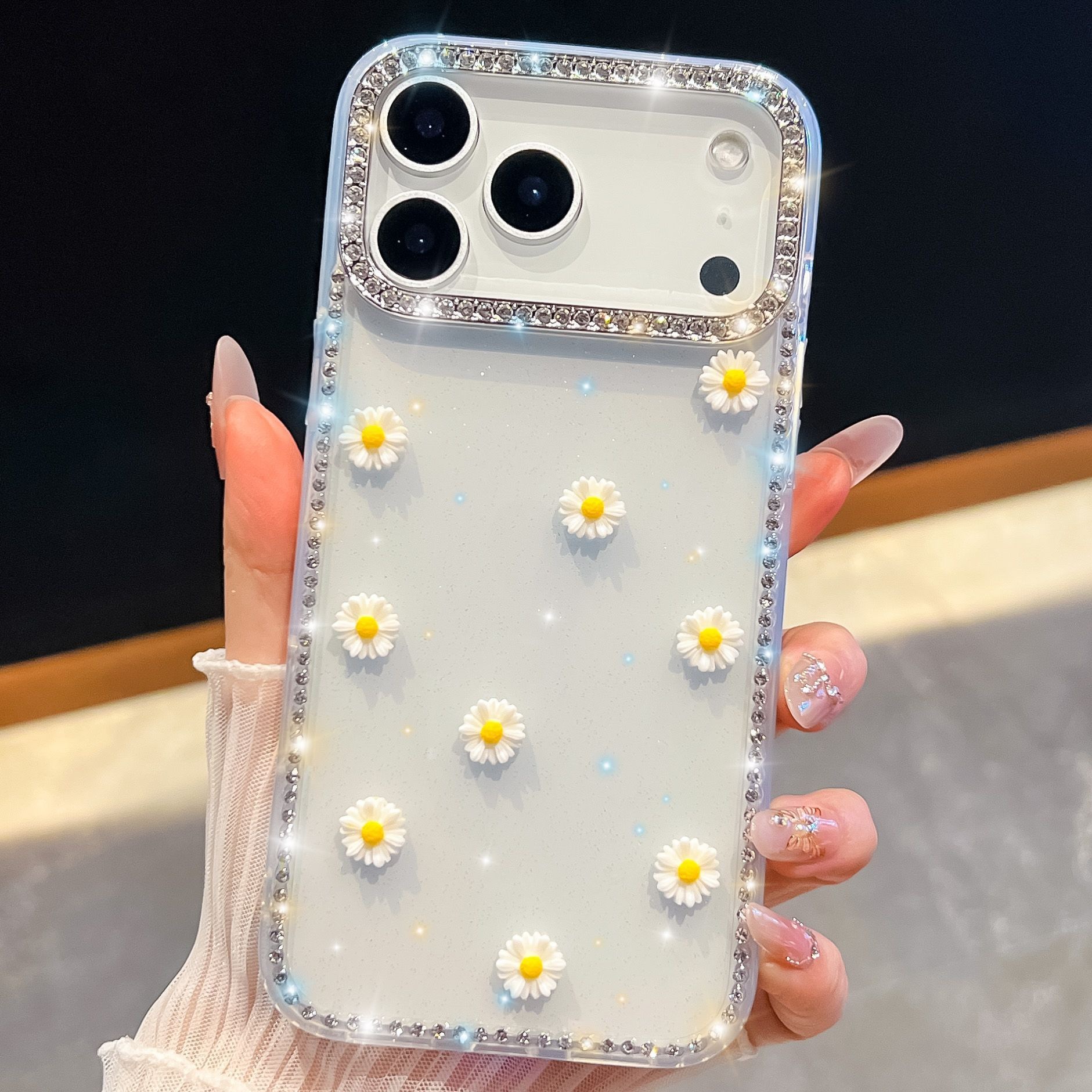 Small Daisy Phone Case iPhone 17 Pro Max Luxurious Sparkling Compatible Diamond Glitter Transparent Case with Apple 16/15/14 Pro
