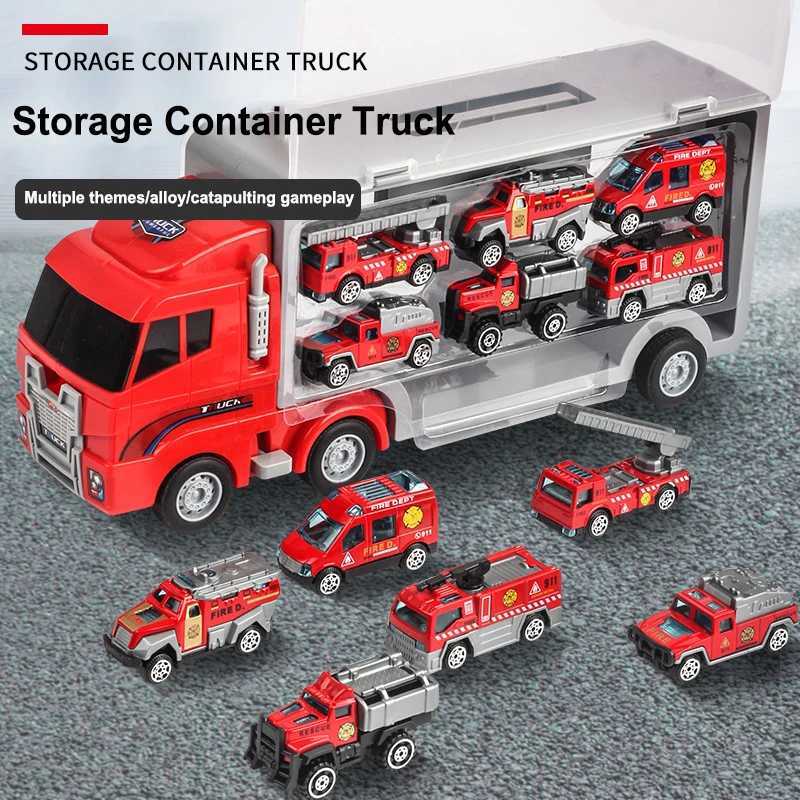 New Storage Container Truck Model Simulation Engineering Fire Military Fleet Toy with Six Alloy Cars Childrens Car Toy Gift J251129