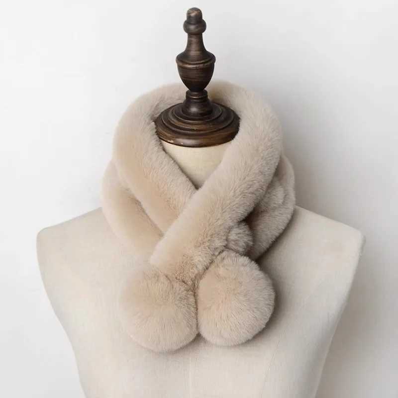 1pc Plush Cross Scarf Faux Rabbit Fur Thickened Plush Ball Thermal Scarf Thick Winter Women Neck Warmer Collar NeckerchiefJ251129
