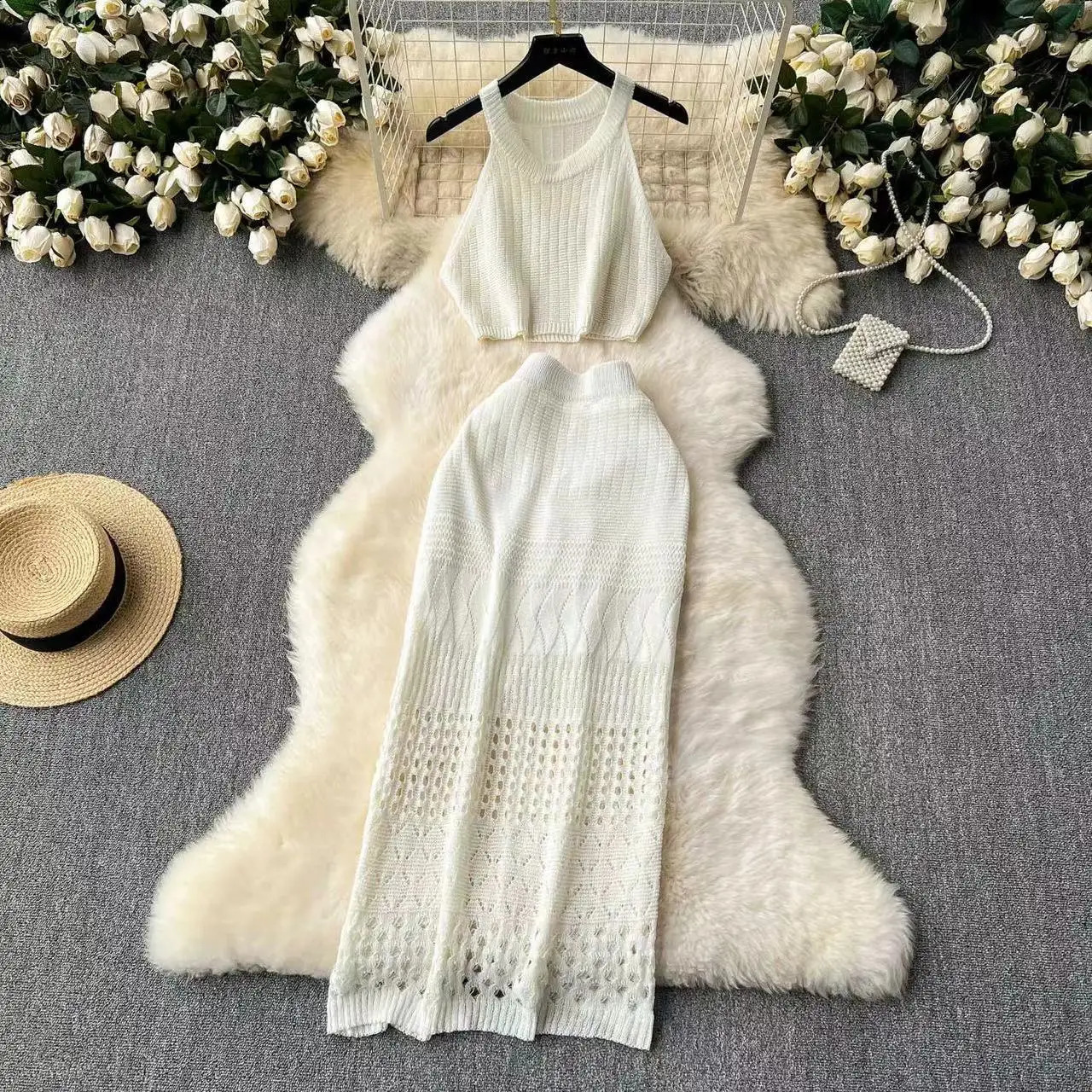 Knitted Solid Color Tank Top Texture Splicing Dress Womens Beach Sunscreen Dress Hollow Beach Dress 250423