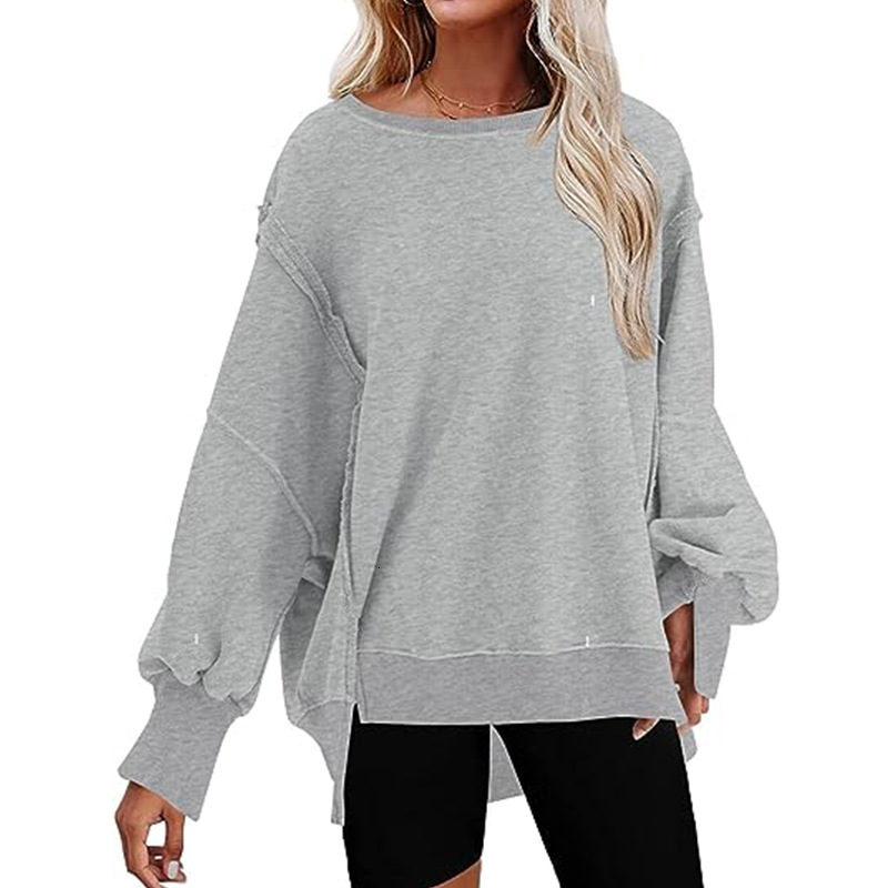 womens clothing autumn winter new womens oversized round neck sports shirt with side slit long sleeved hoodie for women
