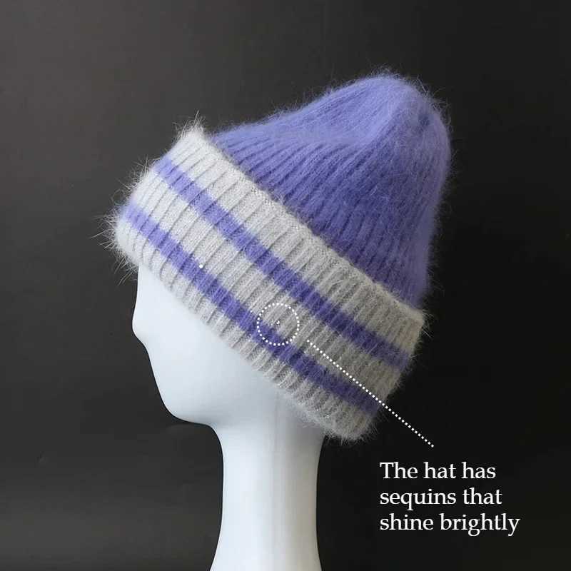 2025 Sequin Angora Fluffy Winter Hat for Women Skullies Beanies Knitted Hat Outdoor Windproof Thick Warm Knit Cap cold weatherXJ251129