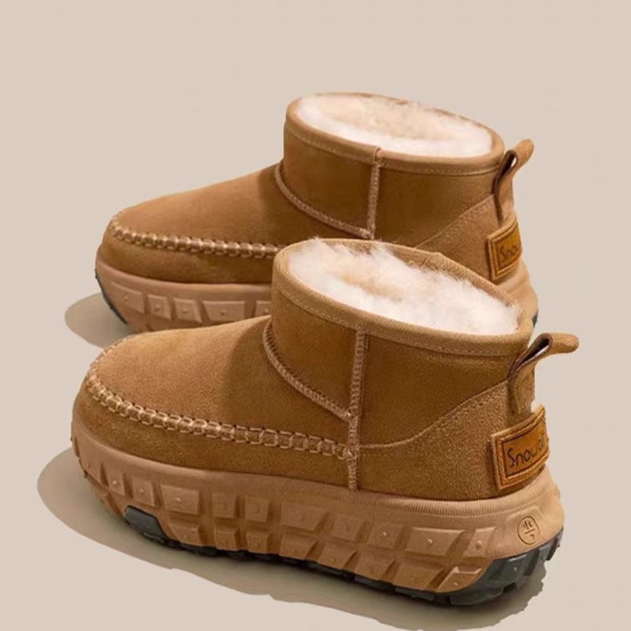 New Design Durable and anti-slip thick-soled winter cotton shoes, fur integrated snow boots with fleece, low-top outer wear, thick-leather cotton boots free shipping