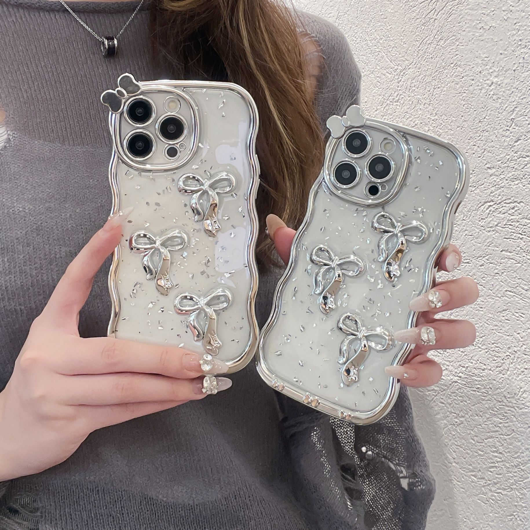 Bow Phone Case iPhone 16 Pro Max Electroplated Wave Compatible With Apple 15/14 Pro Transparent Soft Protective Case