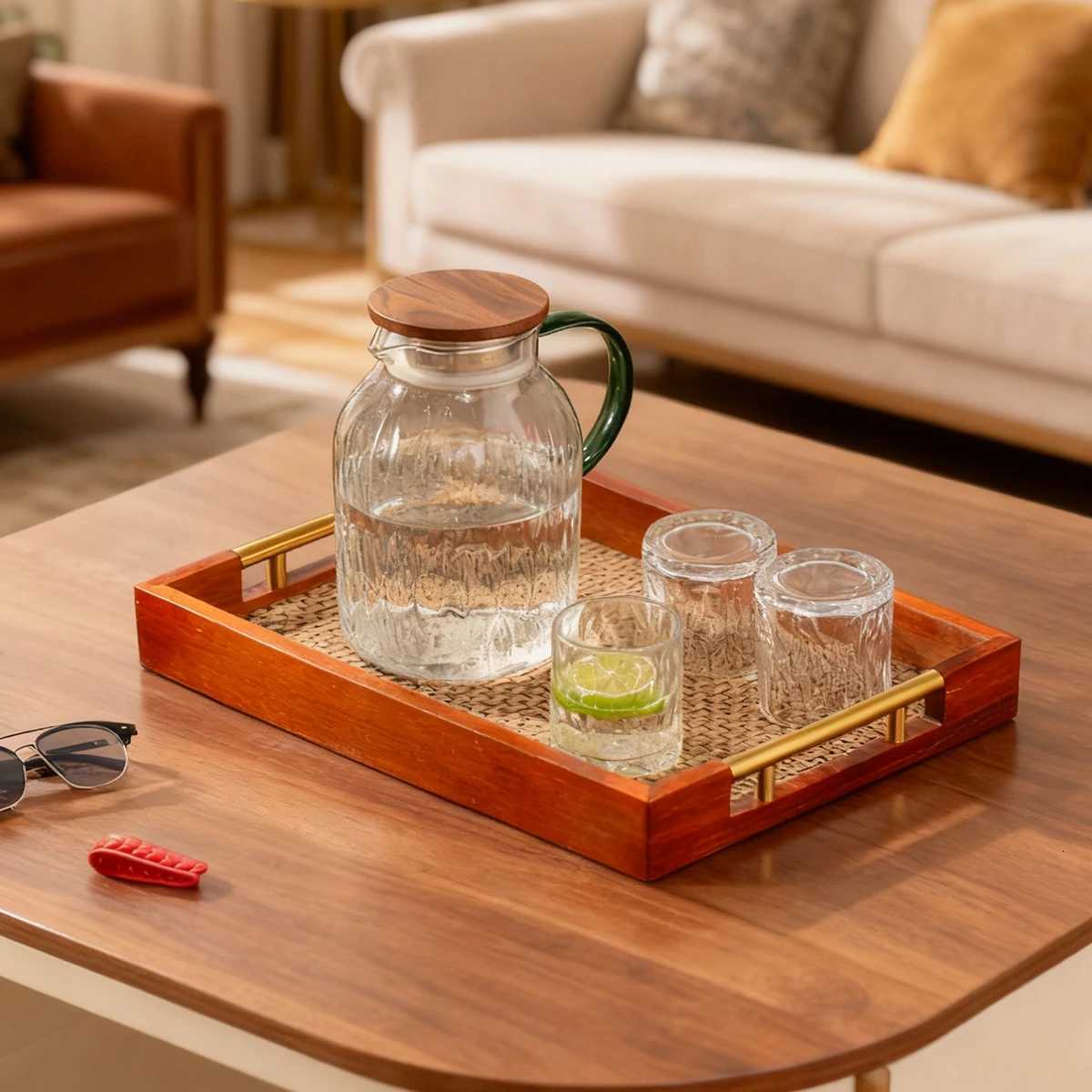 Solid Wood Rectangle Serving Tray with Metal Handles - Coffee Table Kitchen Decor 177x118 BrownPlastic rattan base Y251129