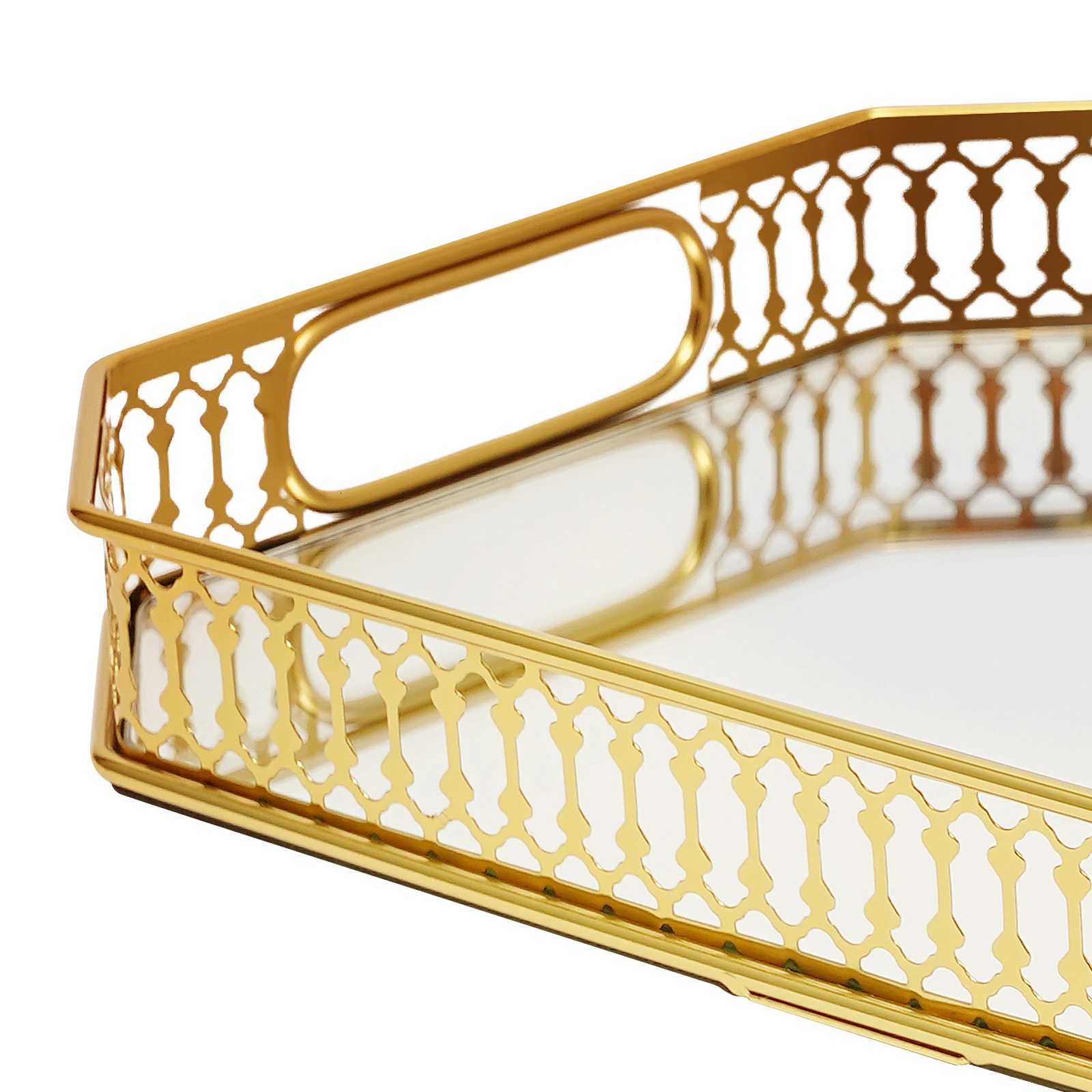 Vintage Octagon Mirror Glass Tray Bedroom Vanity Dresser Cosmetic Perfume Holder Gold Tabletop Home Decorative Tray Y251129