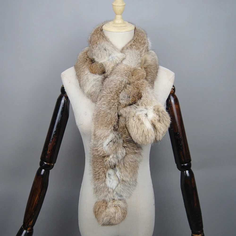 2025 New Arrival Winter Real Rabbit Fur Scarf Women Long Warm Genuine Rabbit Fur Scarves Female Knit Fluffy Pompoms Fur ScarvesJ251129