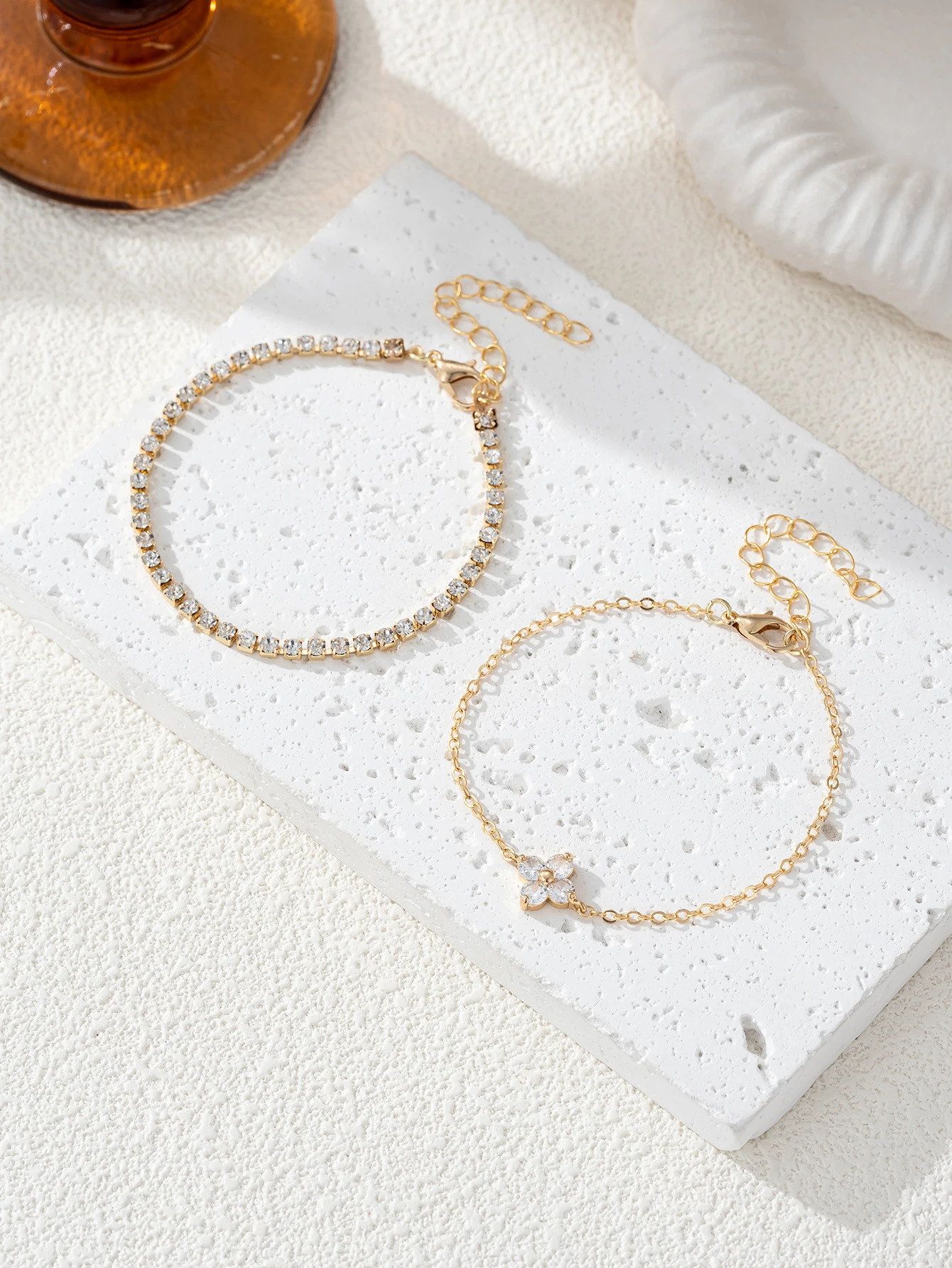 2pcs Simple Cubic Zirconia Flower Water Chain Womens Bracelet Set Daily Office Jewelry251128