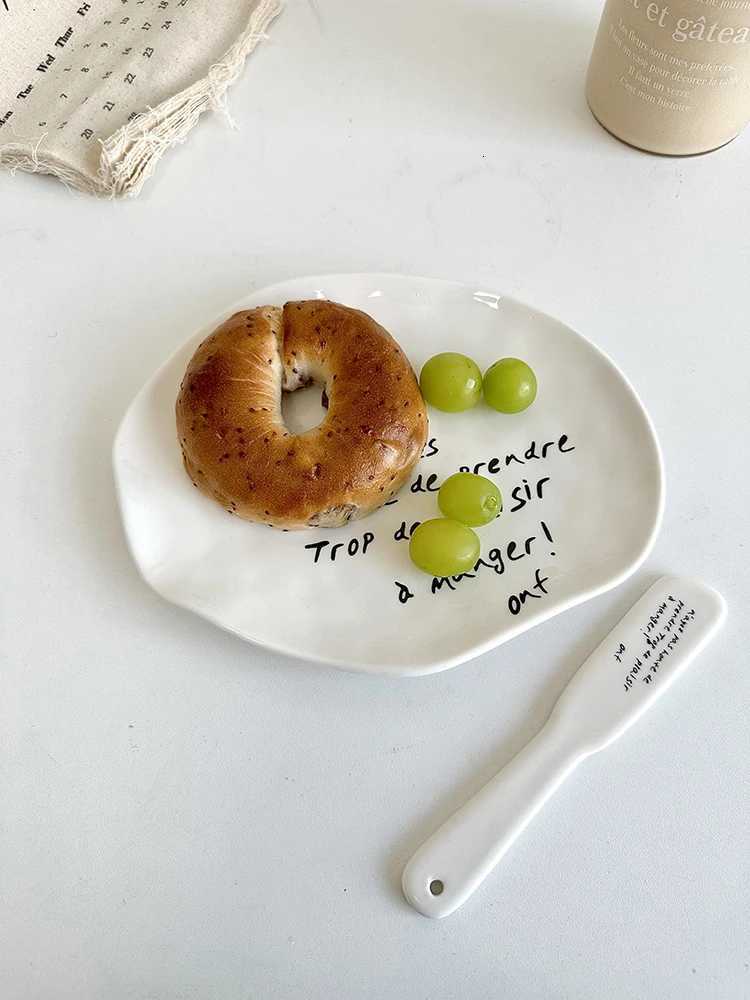 Luxury Korean Style Irregar Ceramic Dessert Plate Ink Splash Bagel Bread Cake Dish French Jam Knife Butter Knives Tableware Set Ins Y251129
