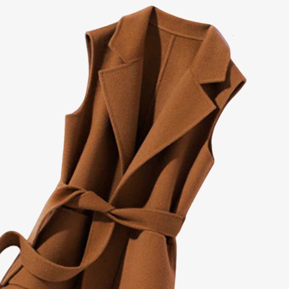 2025 New Mid-Length Trench Coat Vest for Women Elegant Tie Waist Sleeveless Wool Blend Slim Fit CoatT251129