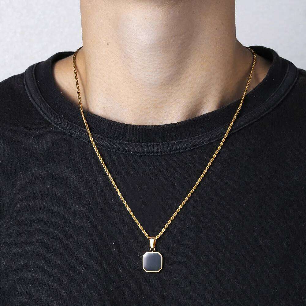 Stylish Men's Black Enamel Necklaces, Stainless Steel Square Pendant Necklace,Minimalist Male Collar Jewelry Gift C251129