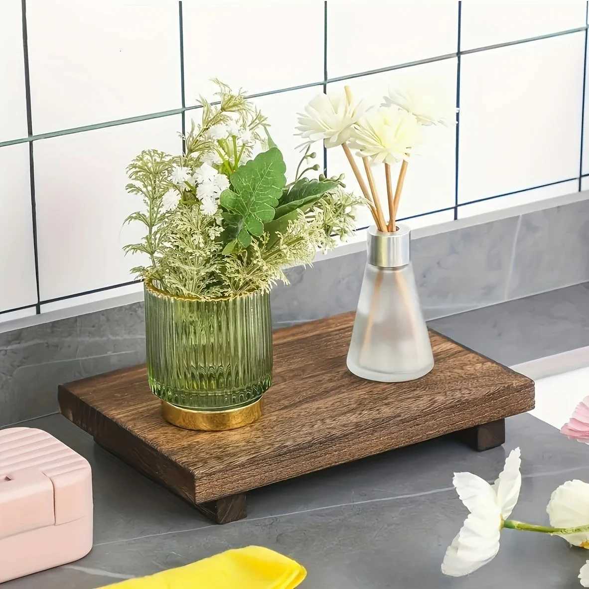 Wood Tray Pedestal Stand Bathroom Decor Wooden Vanity Hands Soap Scented Candle Storage Holder Tray Kitchen Seasoning Holder Y251129