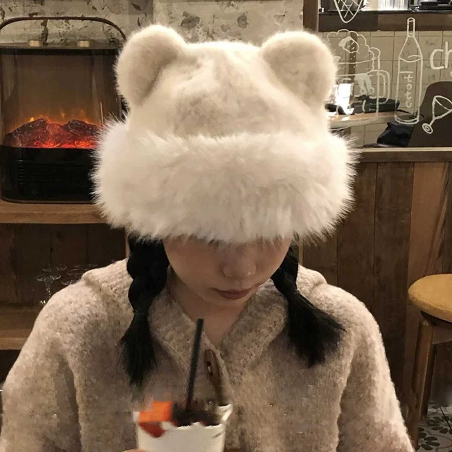 Retro Fuzzy Bear Ear Beanie Hat Pom-pom Ears Bucket Hats for Men and Women Winter Russian Thickened Warm Ear Protector Basin CapXJ251129