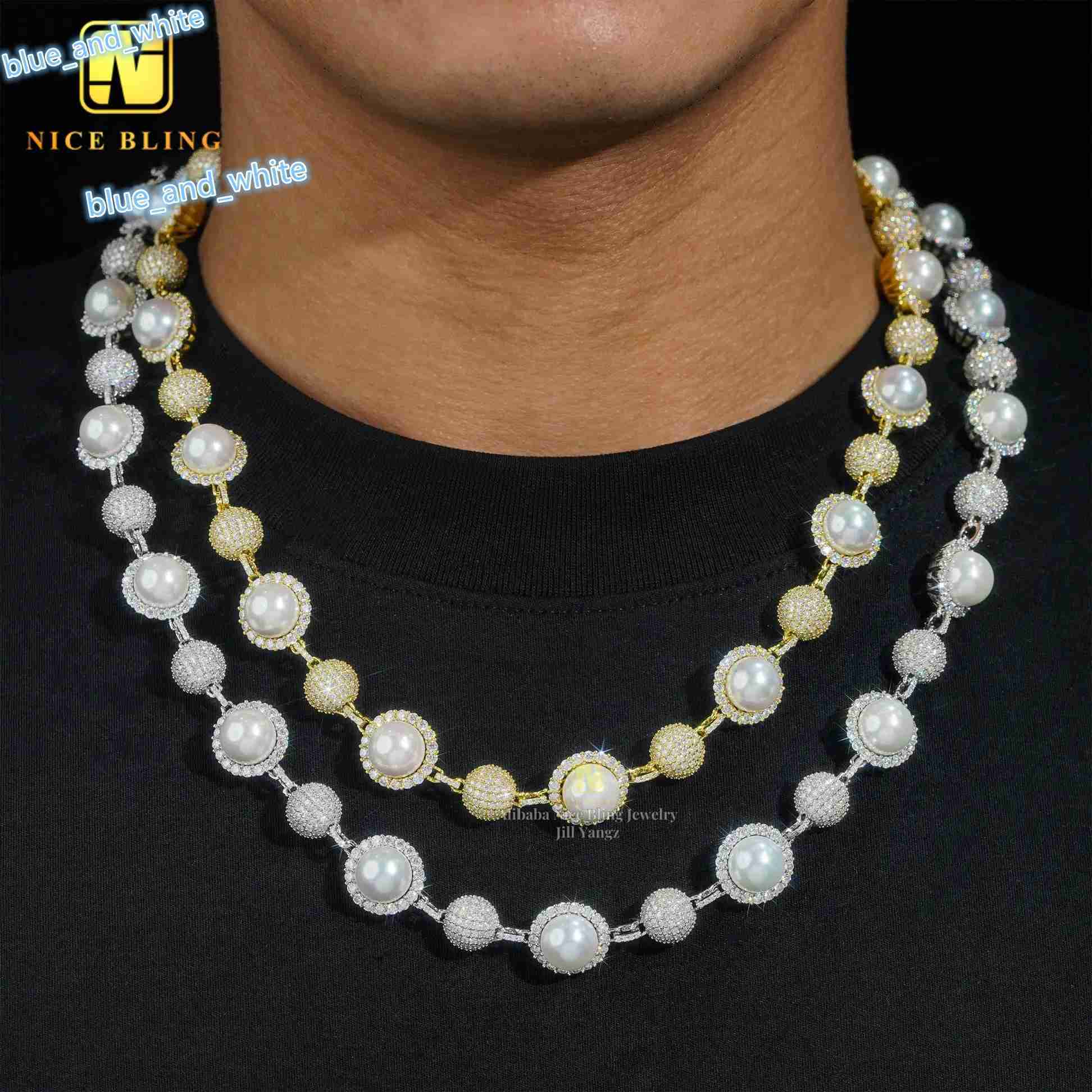 Pearl Chain Necklace for Men Full Iced Out Cuban Link Necklace Fashion Fine Jewelry 18k Gold Plated Necklace 10mm Cuban Chains