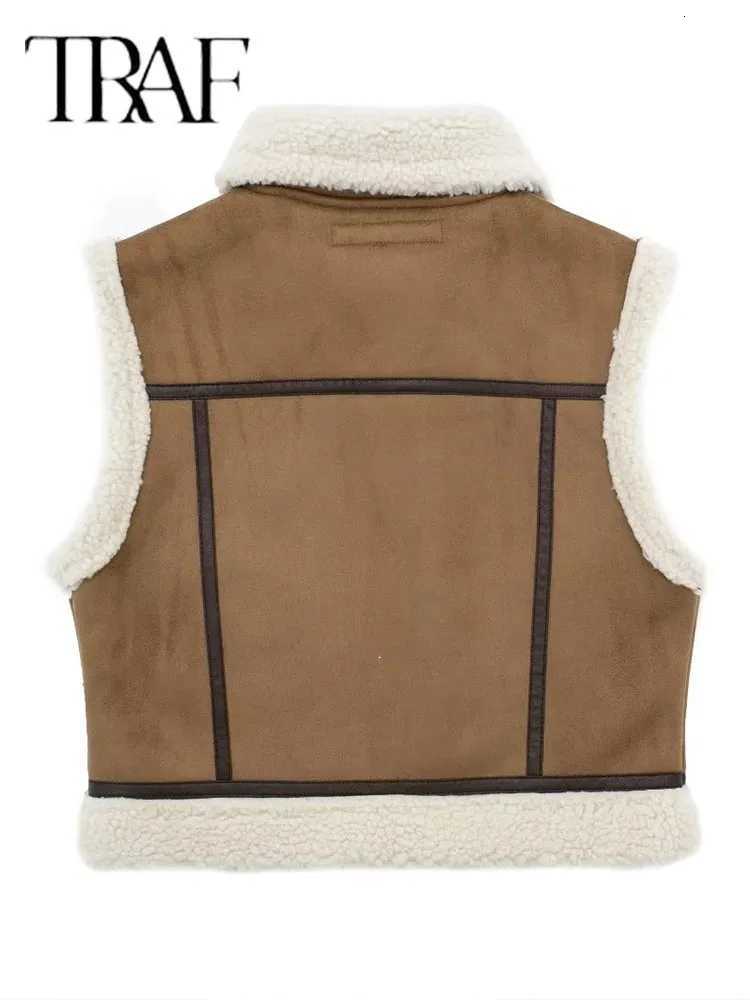 2025 Autumn Female Fashion Faux Leather Lambswool Patchwork Sleeveless Vest Jacket Thickening Warm Zip Waistcoats CoatT251129