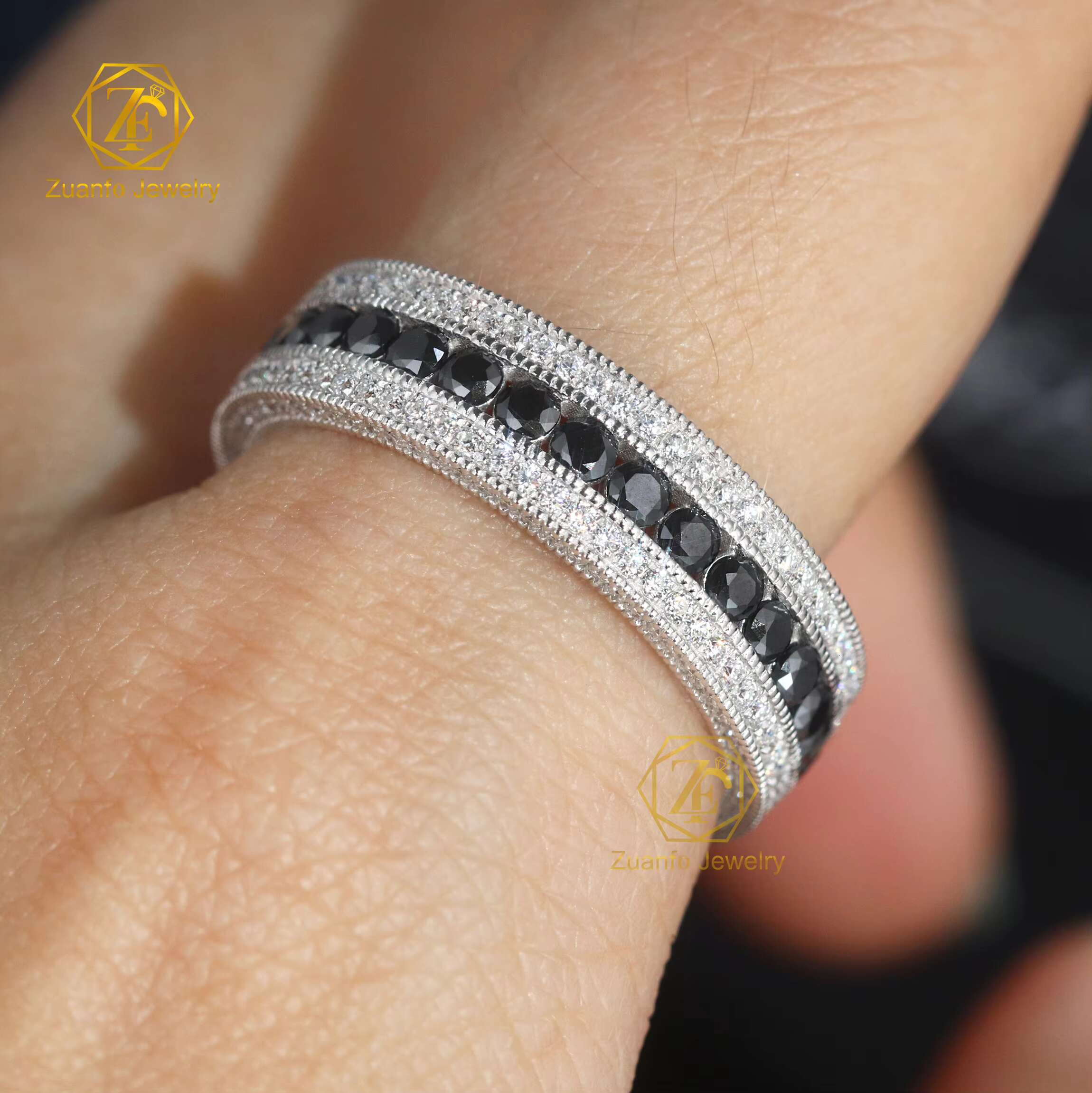 Customized 14K White Gold Hiphop Eternity Band Ring VVS Cut Moissanite Diamond Available in White and Black Colors
