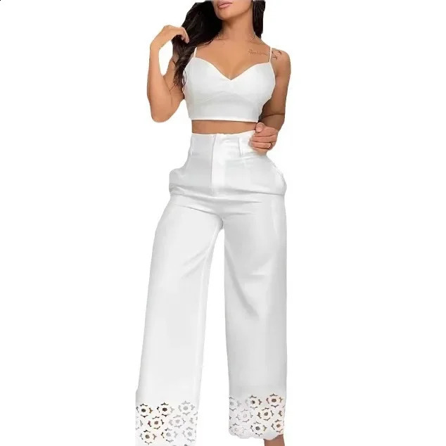 2-piece womens set casual V-neck Cami crop top and white fashionable hollow outer wide leg high waist pants set for women 250423