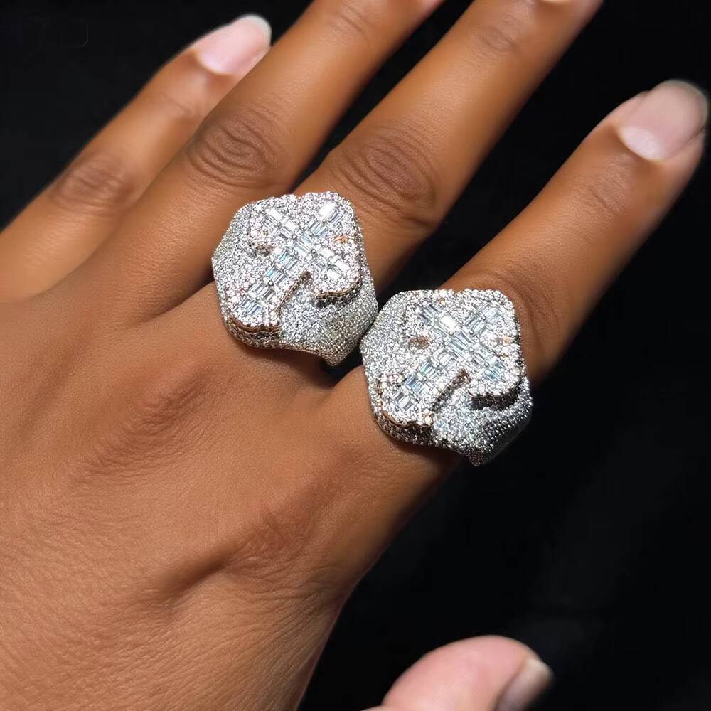 Big Heavy Two Tone Brass Classic Men Hip Hop Cross Ring Full Paved Geometric Round Square Cubic Zirconia Ring Jewelry