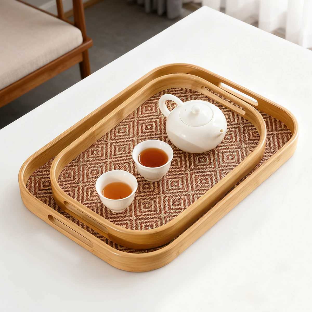 Large Bamboo Rectangular Tray with Handles - Home Restaurant Multi-Functional Platter Y251129
