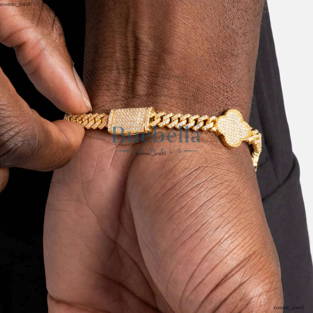 VVS Moissanite Hip-Hop Ice Out Fork 14mm Silicon Stone 14 CT White Gold Plated Clover Cuban Bracelet