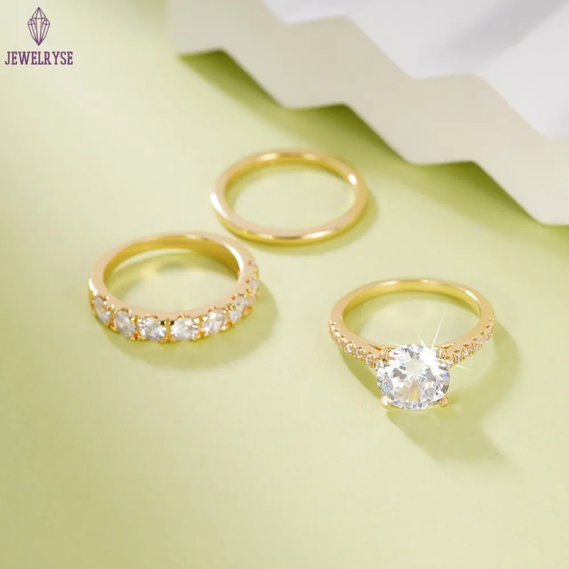 3PCS Wedding Rings Elegant Vintage Jewelry 10KT Gold Fill Round Cut White Cubic Zircon CZ Diamond Gemstones Party Eternity Women Bridal Ring Set Gift