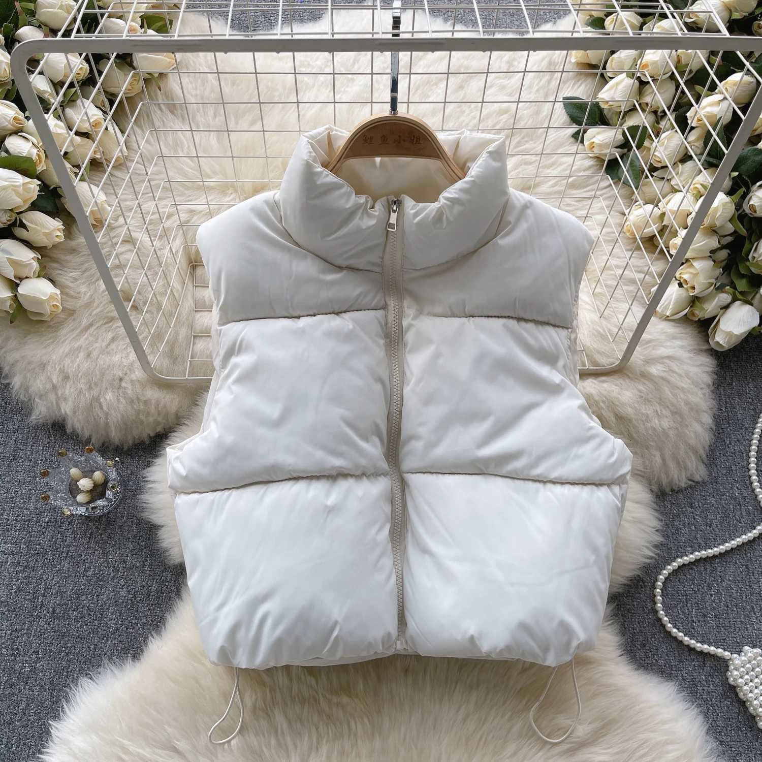 Womens Vest Autumn Winter New Simple Versatile Stand Collar Zipper Drawstring Slim Waistcoat Thickened Warm Cotton CoatT251129