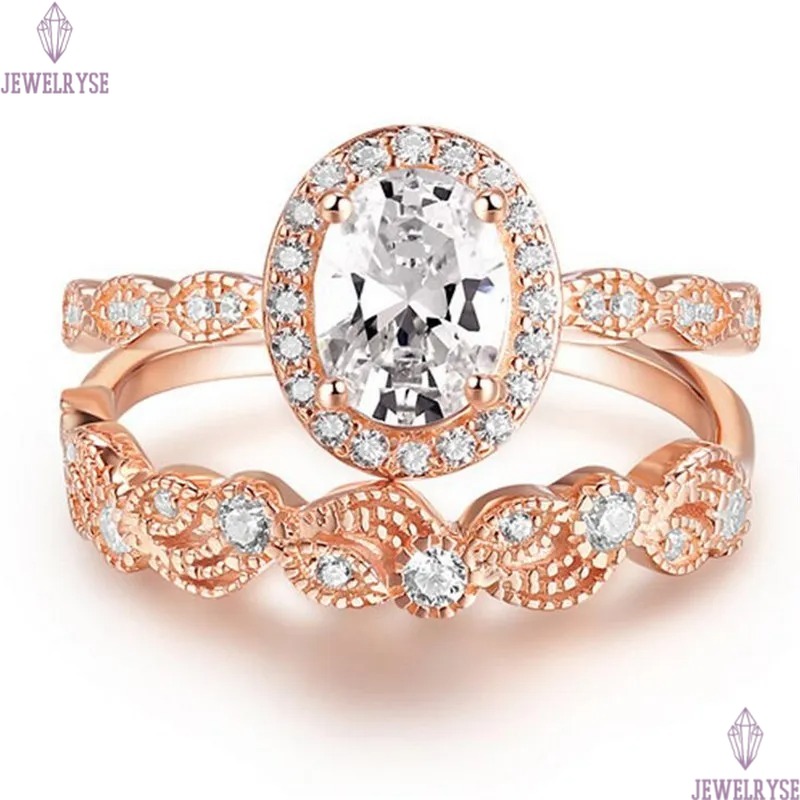 New Arrival Vintage Fashion Jewelry 925 Sterling Silver Rose Gold Fill Oval Cut White Topaz CZ Diamond Women Wedding Bridal Ring Set Gift