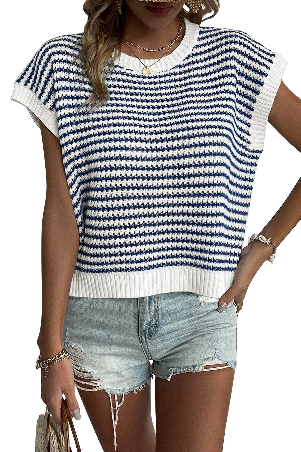 New Fashion Striped Knitted with Casual Contrast Bat Sleeve Round Neck Sweater