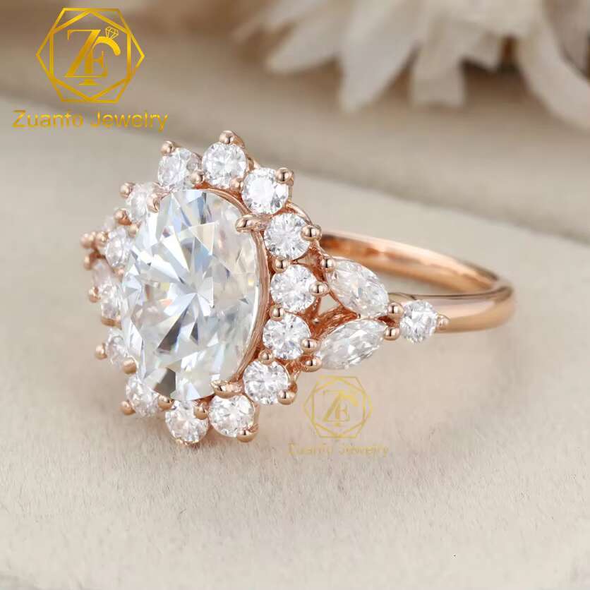 Luxury Vintage Cluster Ring 2.5 ct Oval Cut Moissanite 14K 18K Rose Gold Moissanite Ring for Engagement or Anniversary