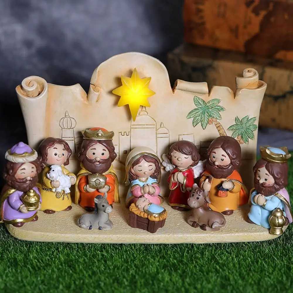 Resin Nativity Manger Ornament Miniature Cartoon Nativity Figurine Hand Painted LED Lights Jesus Child Statue He Decor H251129