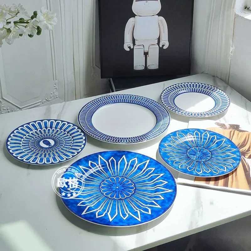 Luxury European style simple and luxurious Blue Seal Western dinner plate steak plate decoration afternoon tea Dim sum cake tableware Y251129