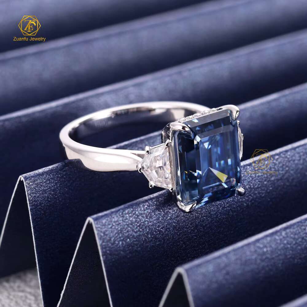 New Design 18K Solid White Gold 3 Carats Emerald Cut Blue Lab Moissanite Diamond Engagement Wedding Ring Dainty Elegant-Factory
