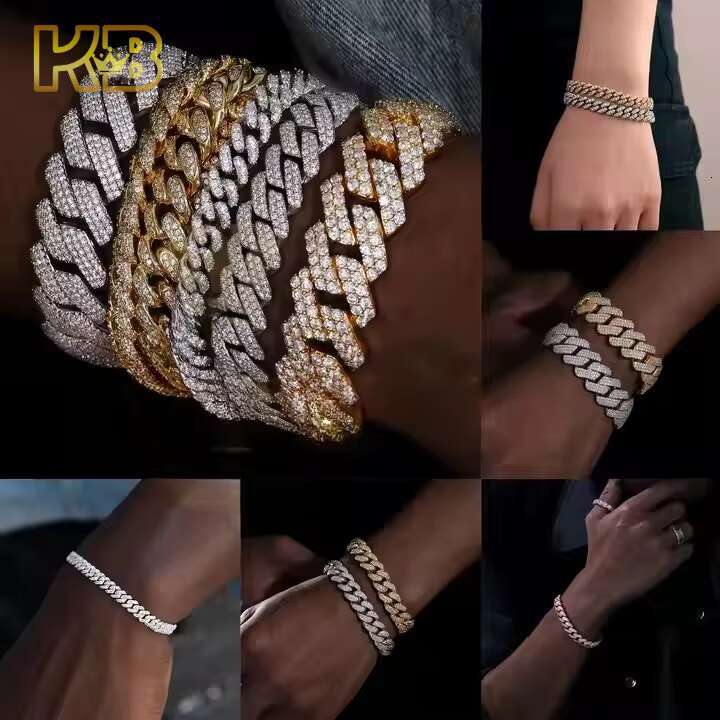 Iced Out Cuban link Bracelet 6mm-12mm 925 Sterling Silver with Gold VVS Moissanite Passes Diamond Tester Hip Hop Bling Jewelry