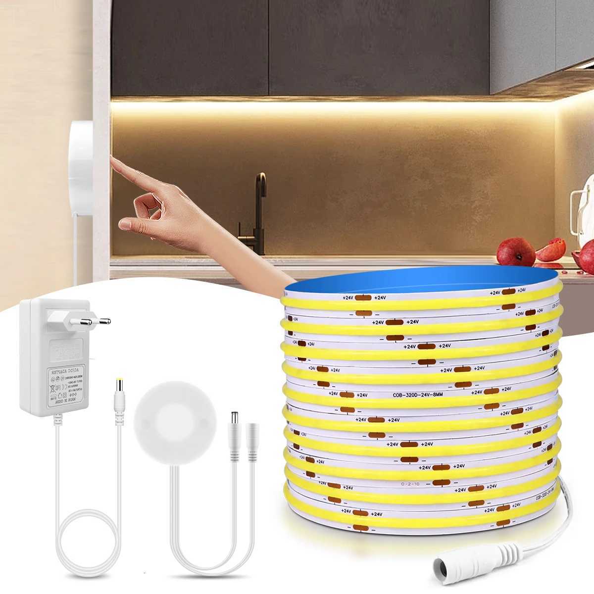 10M Touch Dimmer and Hand Sweep Induction Switch COB LED Strip Light 24V 320LEDs/M LED Tape Lamp Bedroom Kitchen Lighting Ribbon M251129