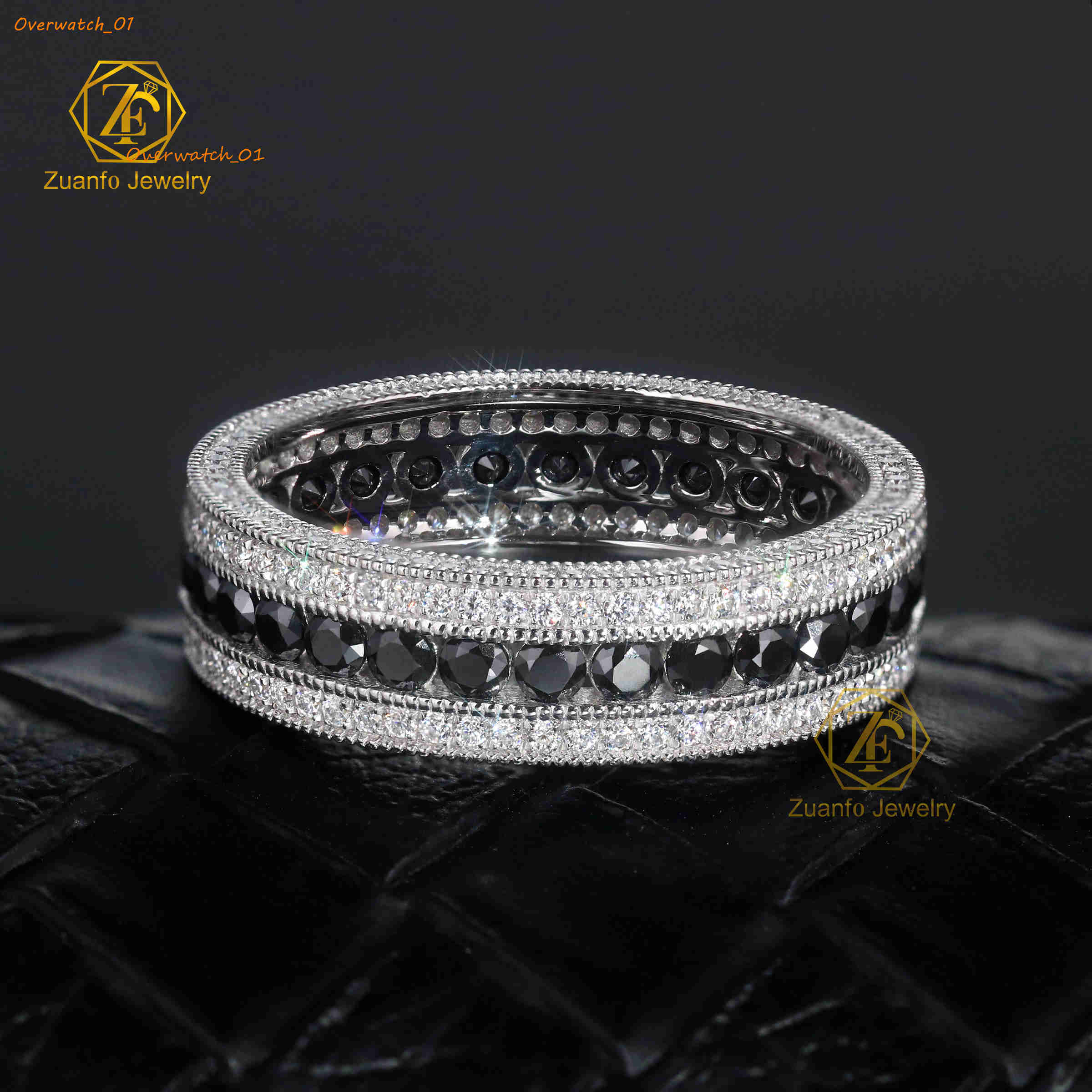 Customized 14K White Gold Hiphop Eternity Band Ring VVS Cut Moissanite Diamond Available in White and Black Colors
