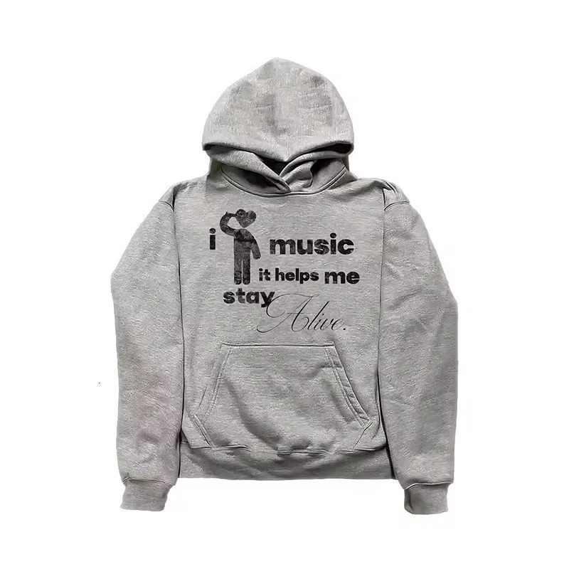 Music Graphic Inspirational Quote Printing Gray Long Sleeve Pullover Hooded Sweatshirt Y2K Men Women Fashion Casual Streetwear 251128