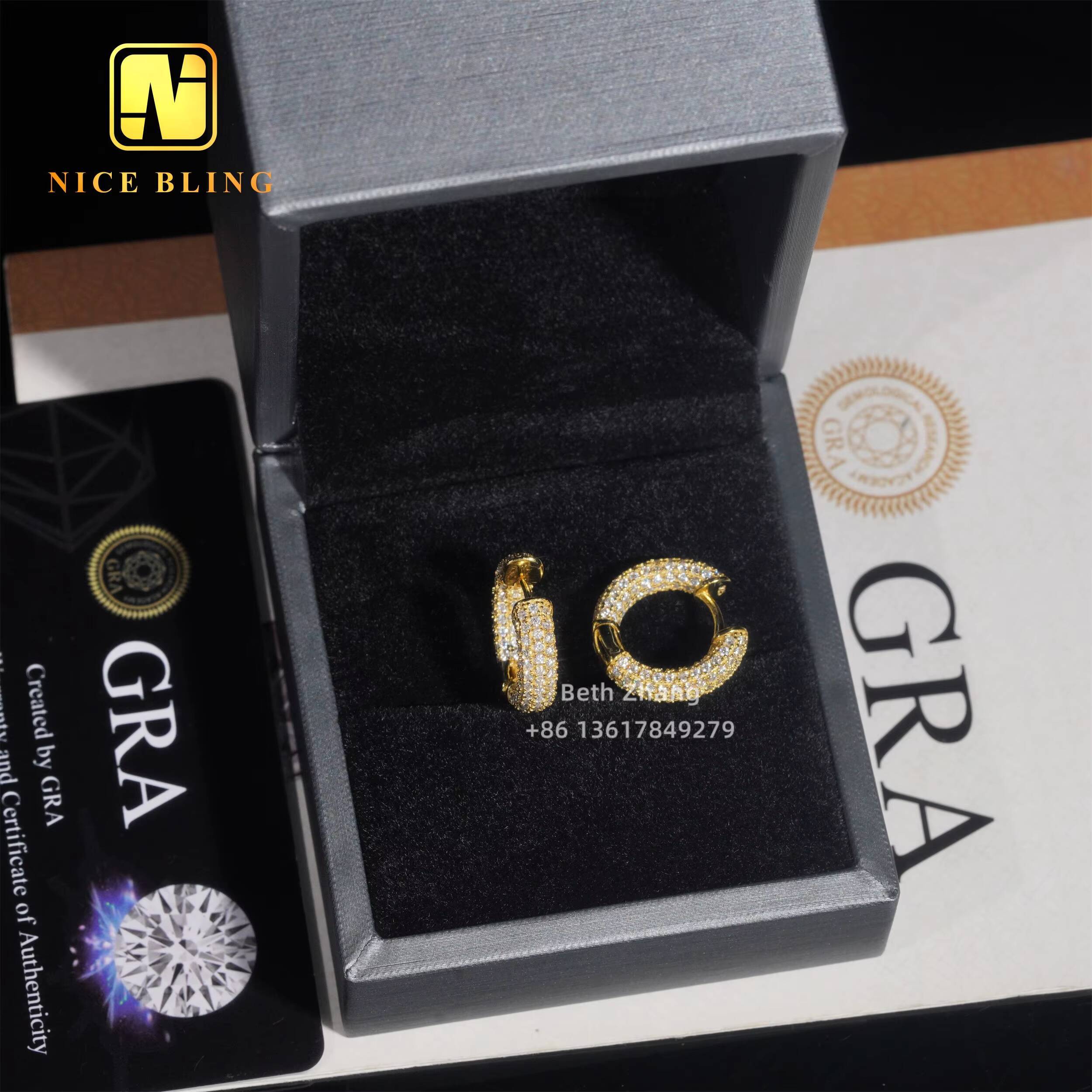 RTS Iced Out Moissanite Diamond Earrings 925 Silver Jewelry Trendy Hip Hop Hoop Ear Rings 3 Rows Diamonds for Men Women