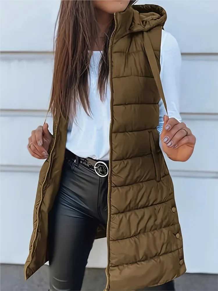 Casual Solid Color Hooded Zipper Vest Jacket For Womens Autumn Winter With Cotton Patchwork Slit Warmth Thickened Female VestT251129