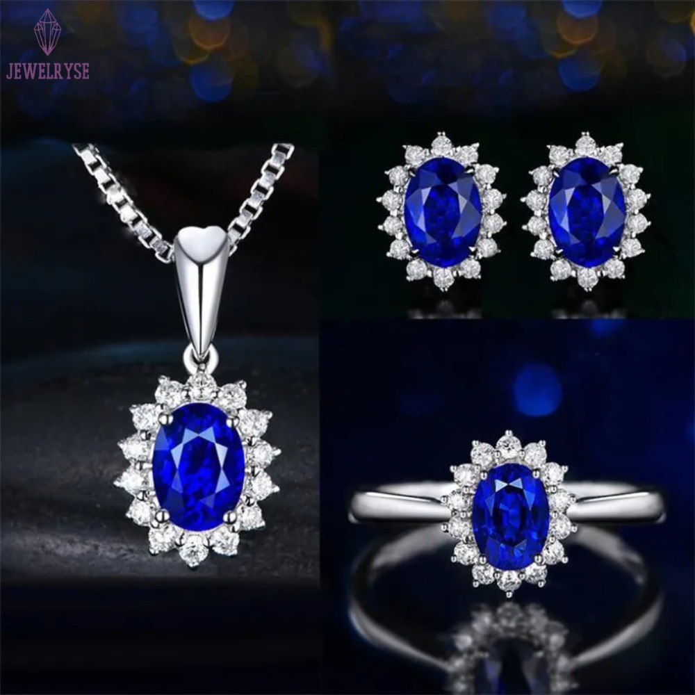 New Arrival Saprkling Luxury Jewelry Set 925 Sterling Silver Oval Cut Blue Sapphire CZ Diamond Women Wedding Earring Ring Necklace Gift