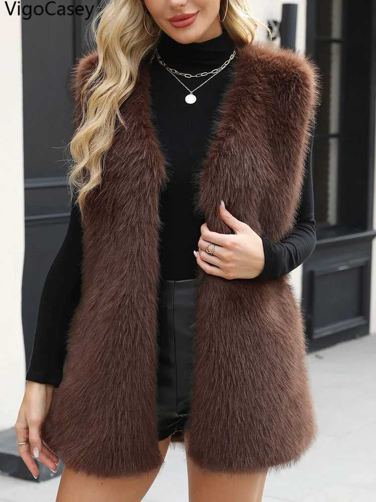 VigoCasey 2025 Autumn Winter Casual Thick Faux Fur Vest Coat Woman Sleeveless Plush Warm Waistcoat Lady Brown Fluffy Vest JacketT251129