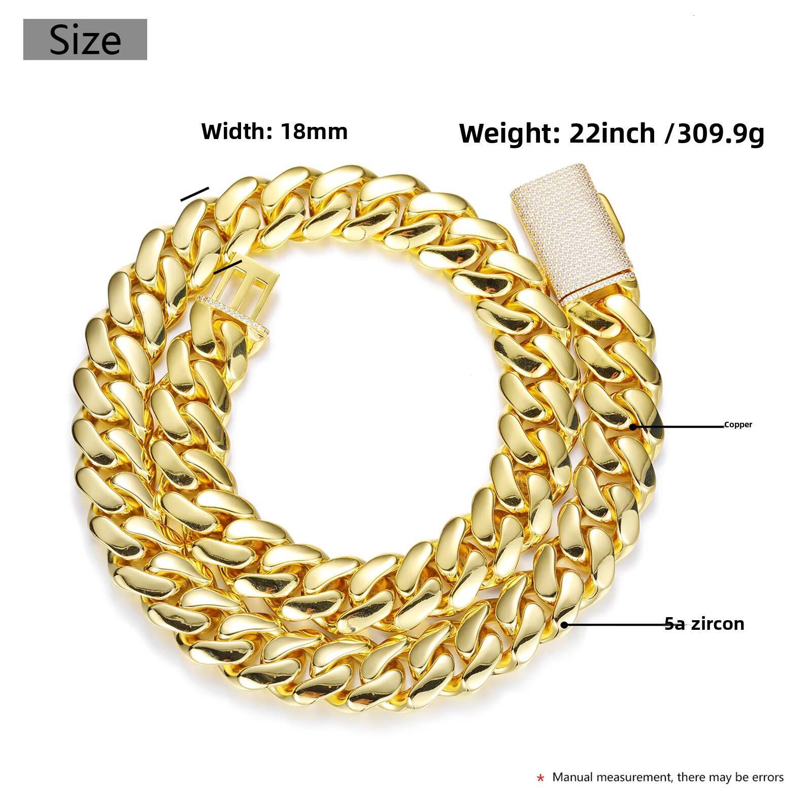 Cuban Chain Necklace 18K Gold Plated 18mm Thick Zircon Link Chain Trendy Gift Unisex Style